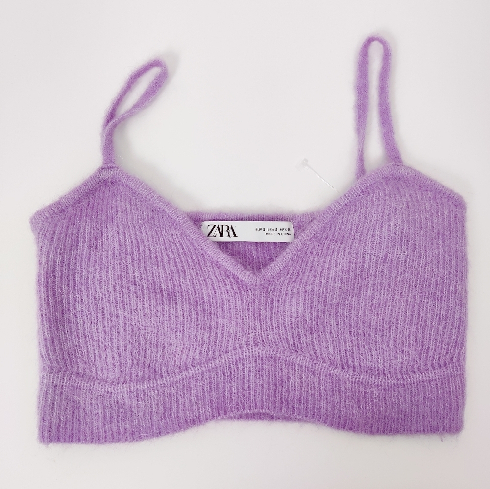 Zara Fuzzy Alpaca Cropped Top in Lilac Women's Size Small NEW Wool Soft Feminine